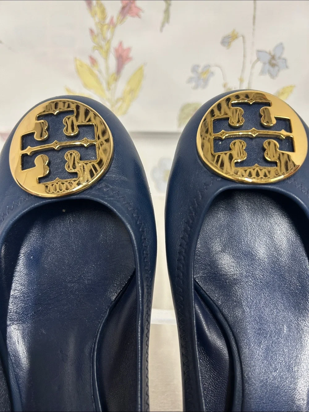 Tory Burch Navy Leather Ballet Flats with Gold Logo Medallions